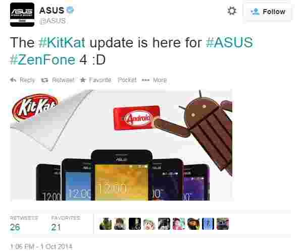 华硕Zenfone 4的Android 4.4 Kitkat更新