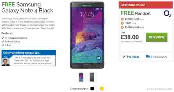 三星Galaxy Note 4英国合同价格显示