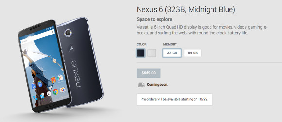 Nexus 6预订确认已于10月29日开始