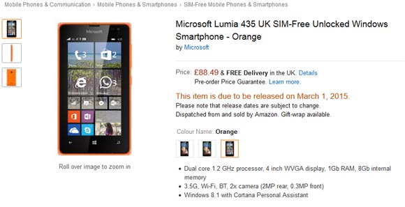 Microsoft Lumia 435在英国进行预订，3月1日