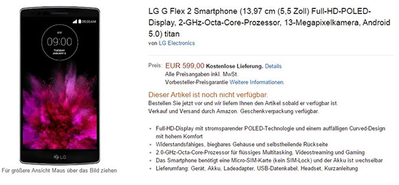 LG G Flex 2预订签名，价格设定为599欧元