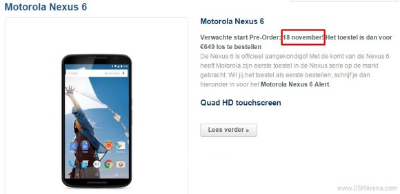 Nexus 6欧元预订是11月18日的，发运不久之后