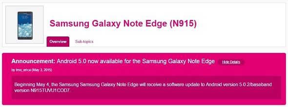 T-Mobile的三星Galaxy Note Edge Lollipop更新推出