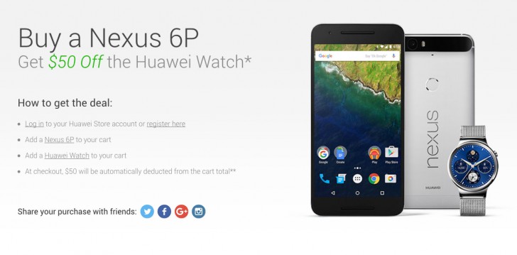 如果您与Nexus 6p一起购买，华为在Smartwatch上提供50美元