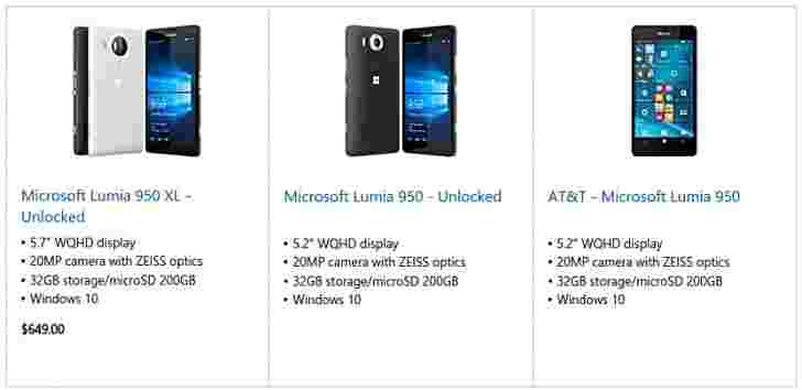 Lumia 950列表出现在美国Microsoft Store网站上