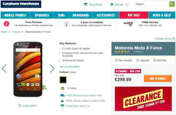摩托罗拉Moto X Force现在英国300英镑，180英镑