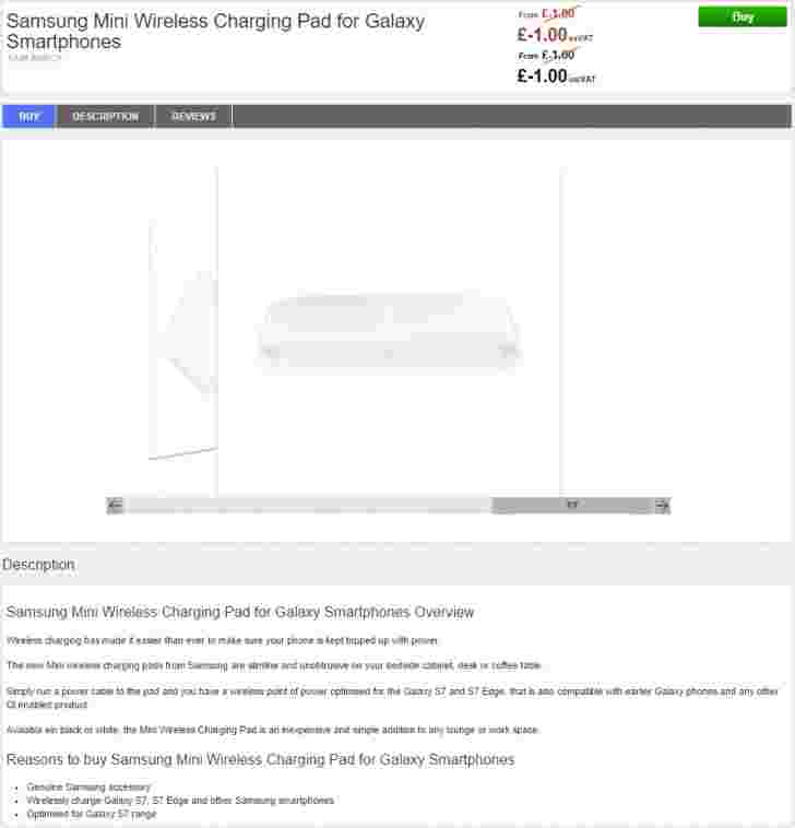 Galaxy S7无线充电垫在英国零售商网站上列出
