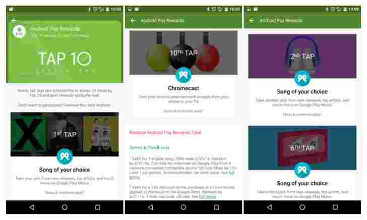 点按10促销Android Pay，让您赢取Chromecast和免费歌曲