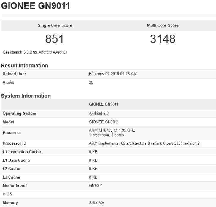 Gionee Eleife S8发现了Geekbench运行Hehio P10 SoC