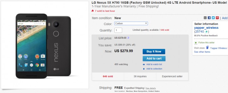 交易：Nexus 5x在eBay上锁定了280美元