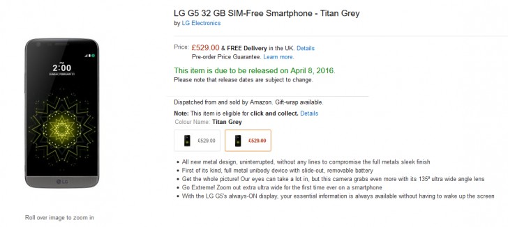 亚马逊英国接受LG G5的预订预订，发布日期：4月8日为529英镑