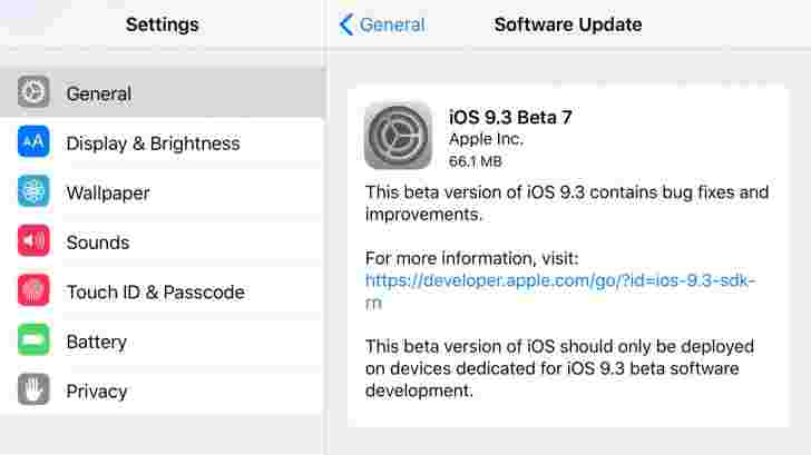 IOS 9.3 Beta 7现在可供开发人员和公共测试师