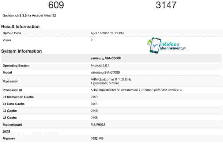 三星C系列电话（SM-C5000）现在发现了GeekBench