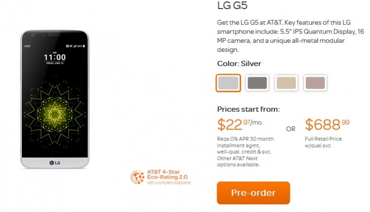 AT＆T提供买一送机，在LG G5预订中获赠一笔免费交易