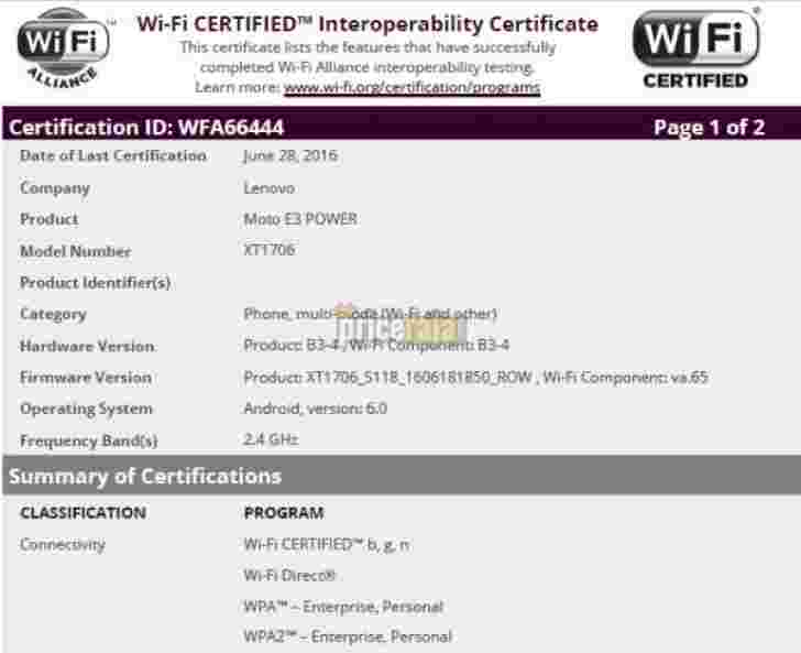 Moto E3电源获取Wi-Fi认证，发布越来越近