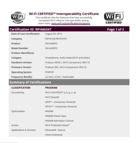 三星Galaxy A4由Wi-Fi联盟认证
