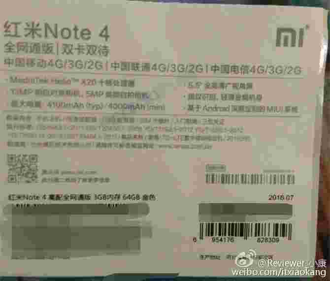 Redmi Note 4确认为Sport Helio X20 SoC，4,100mAh电池