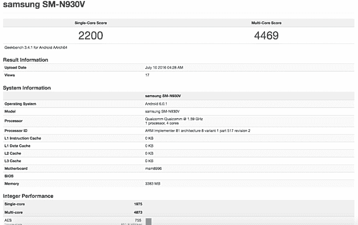 Antutu后，Galaxy Note7（SM-N930V）现在出现在GeekBench上