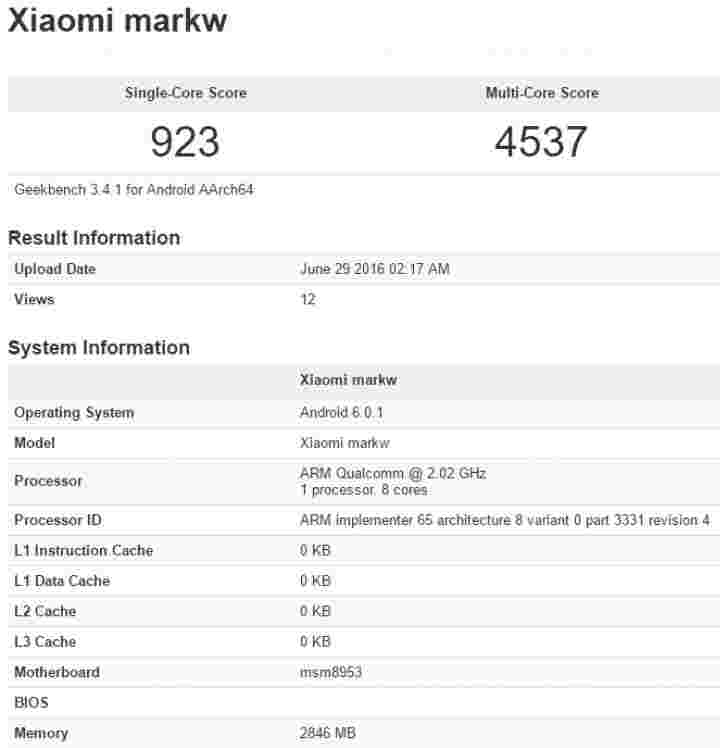 新神秘小米“Markw”设备在Geekbench上发现了