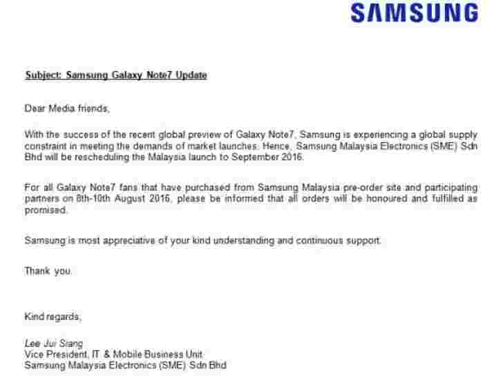 Samsung由于供应限制而延迟了马来西亚的Galaxy Note7