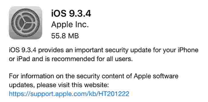 Apple发布IOS 9.3.4安全更新