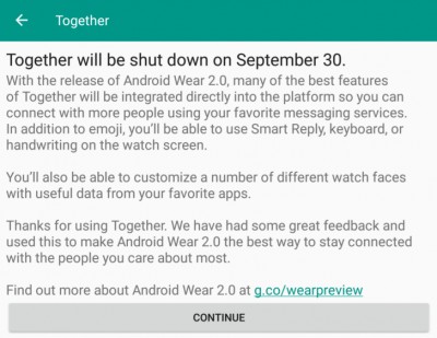 谷歌在9月30日关闭了Android Wear的“一起”