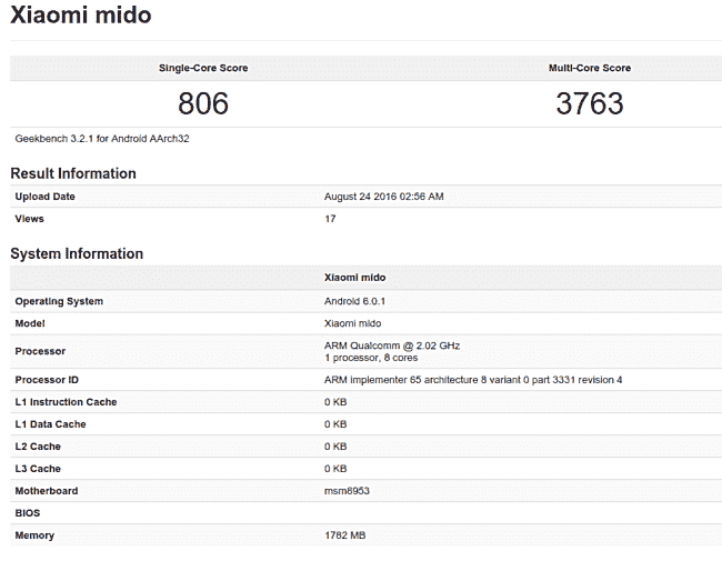 SD625-动力小MIDO，带有2GB RAM在GeekBench上发现了
