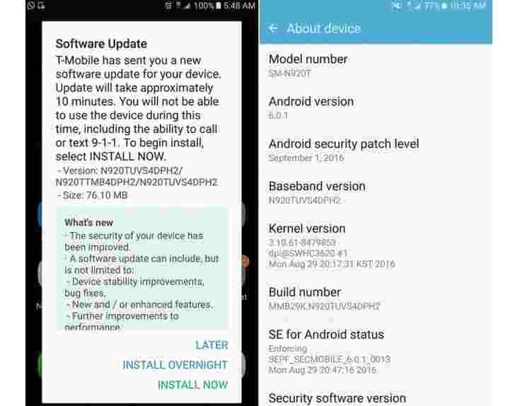 T-Mobile的Galaxy Note5正在收到9月份安全修复