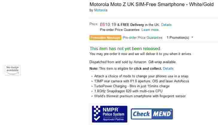 无摩托罗拉Moto Z预购在亚马逊英国发现