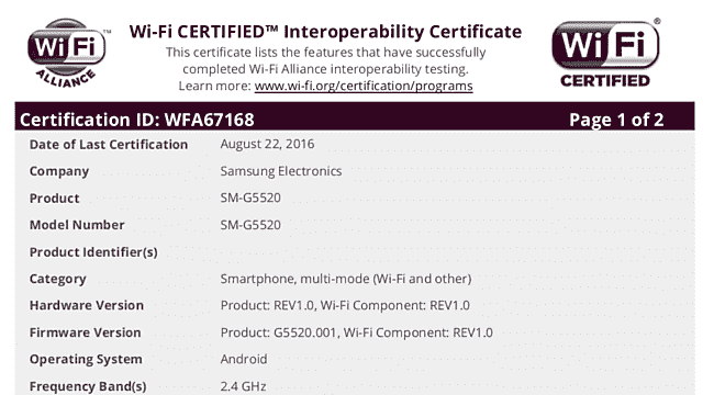 三星SM-G5510和SM-G5520获得WiFi认证