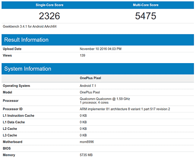 MaxDragon 820 SoC和6GB RAM在GeekBench上发现了神秘的onlyplus像素