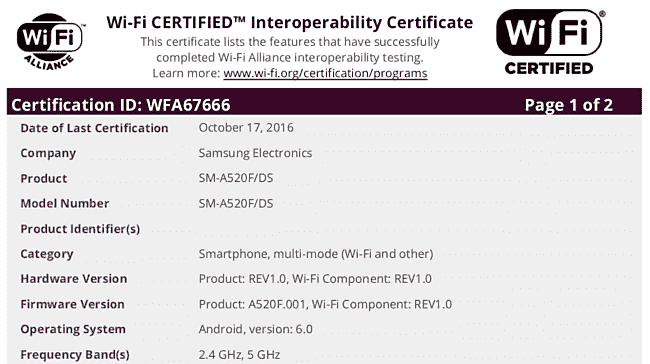 三星Galaxy A5（2017）获取WiFi认证