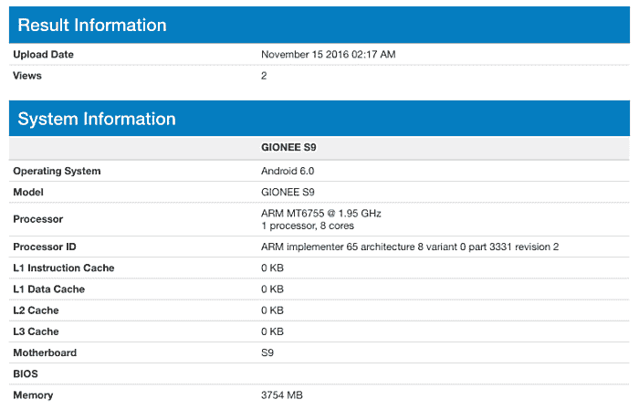 今天揭幕之前的Gianee S9出现在Geekbench上