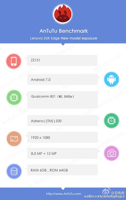 Zuk Edge在antutu察觉了6GB RAM，Android 7.0 Nougat