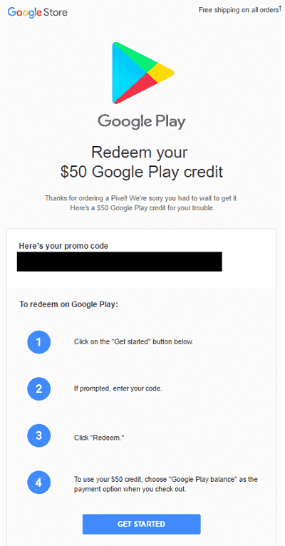 获得像素订单延迟的人现在在Google Play商店信用中收到50美元