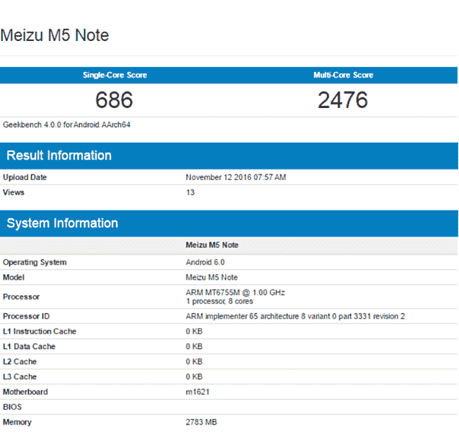 Meizu M5注意带Hechio P10芯片组和13MP相机在基准中发现