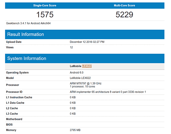 Leeco Lex622用Helio X20 SoC，3GB Ram发现了Geekbench