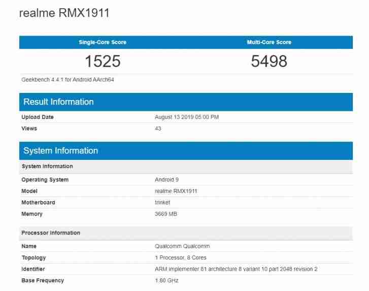 Realme 5使用Snapdragon 665和4GB RAM访问GeekBench