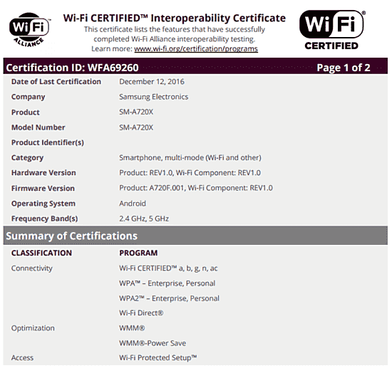 三星Galaxy A7（2017）得到WiFi认证
