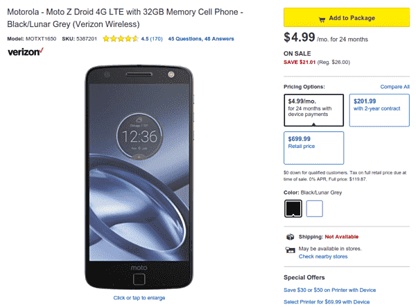 零售商提供摩托罗拉Moto Z Droid，每月5美元以下