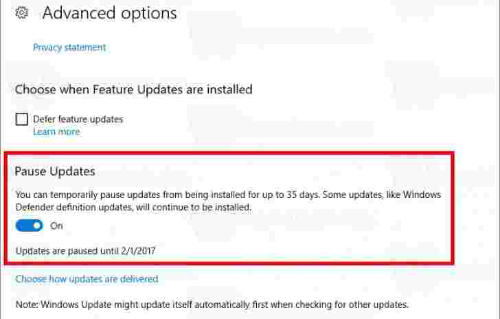 Windows 10创建者更新将让您暂停最多35天的更新