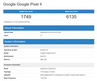 Google Pixel 4和像素4 XL在GeekBench中发现，只需4GB的RAM