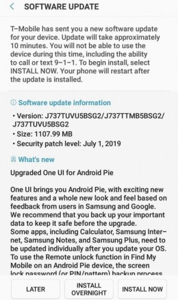 T-Mobile三星Galaxy J7 Star现在正在品尝Android 9馅饼与一个UI