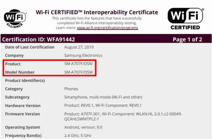 三星Galaxy A70S通过Wi-Fi联盟获得认证