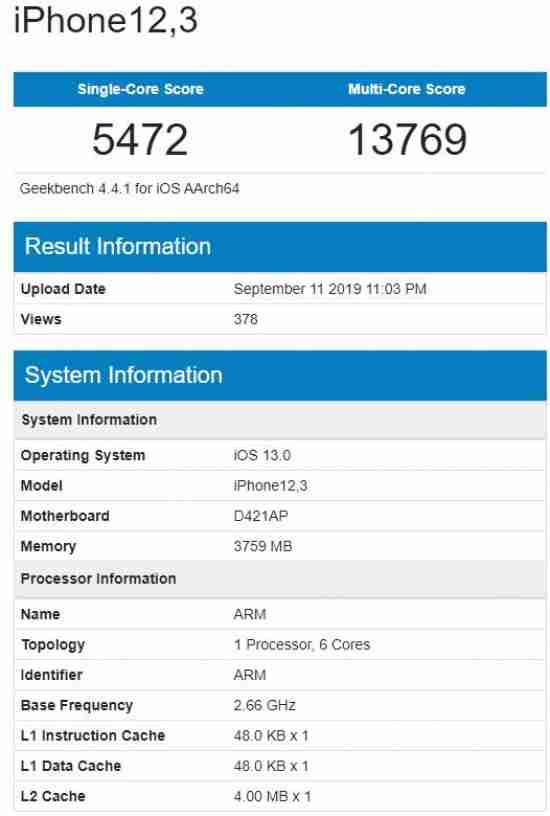 所谓的iPhone 11 Pro在GeekBench上出现了4GB的RAM