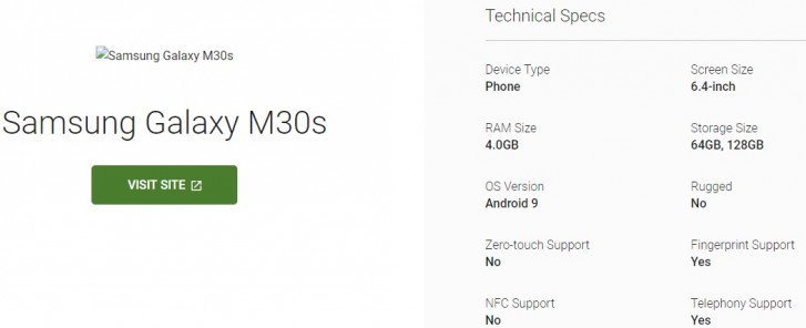 三星Galaxy M30S通过Android Enterprise列表确认