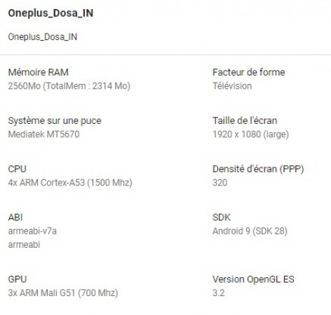 OnePlus电视规格表面，MEDIATEK MT5670 SOC和3GB RAM在拖车