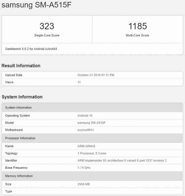 三星Galaxy A51通过GeekBench揭示的主要规格