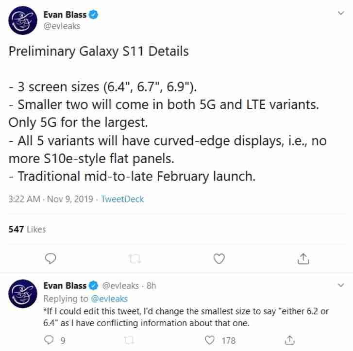 三星Galaxy S11倾向于三种尺寸和五种变体，具体取决于5G