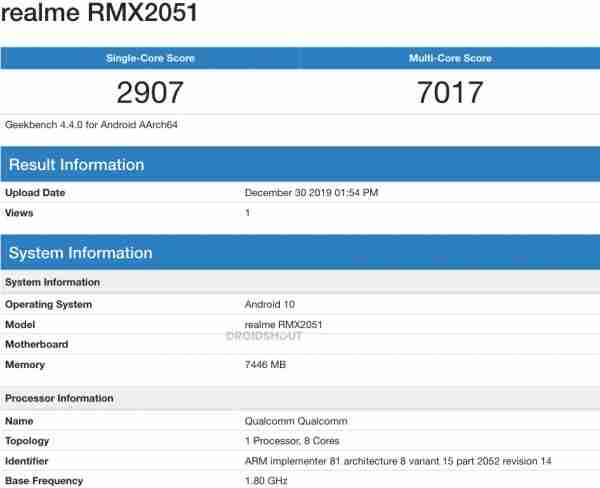 Realme x50青年认证，Realme X50，带8GB的RAM击中GeekBench